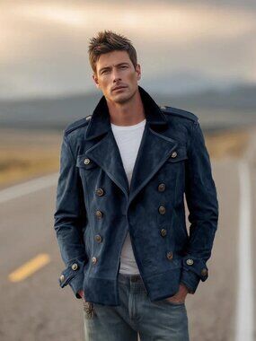 Men's Western Premium Soft Faux Suede Double Breasted Jacket Navy Size XXL NWT